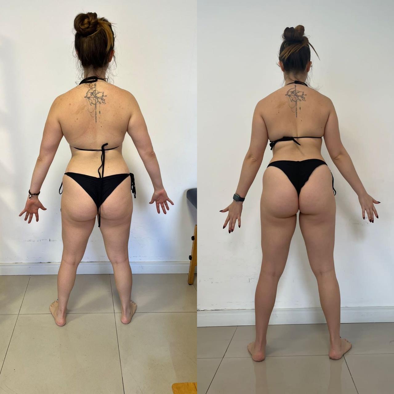 Aluna do Combustível Diário de costas, de biquíni preto: à esquerda o registro anterior, à direita o atual, com a cintura mais marcada e o glúteo mais alto.